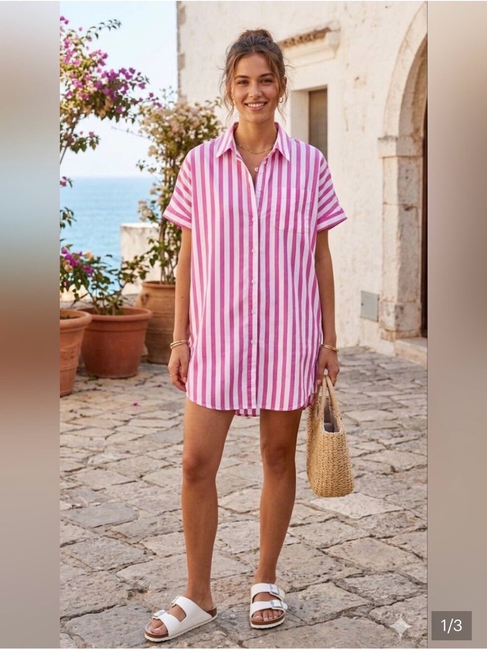 A New Day Pink & White Striped Button-Down Shirt Dress